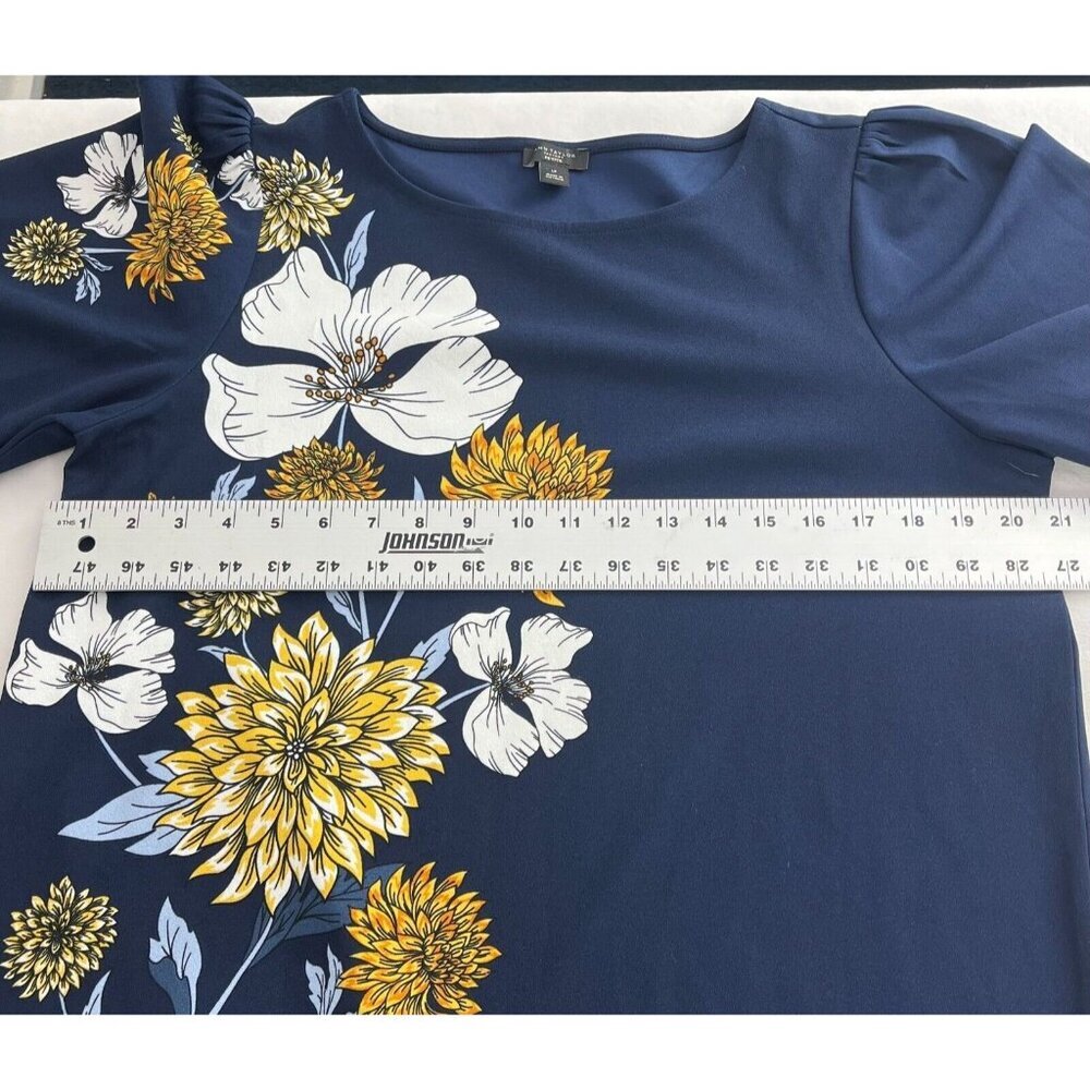 Ann Taylor Womens Shift Dress Large Petite Navy Blue Floral Puff Sleeve Stretch - Picture 4 of 5